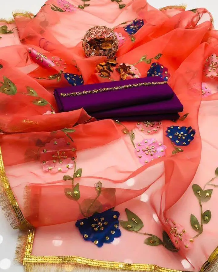 3 Piece Women's Unstitched Suit - Silk Plain Shirt & Trouser - Indian Organza Brush Paint Original 4 Side Heavy Bail with Kiran Lace Dupatta - Free Neckline