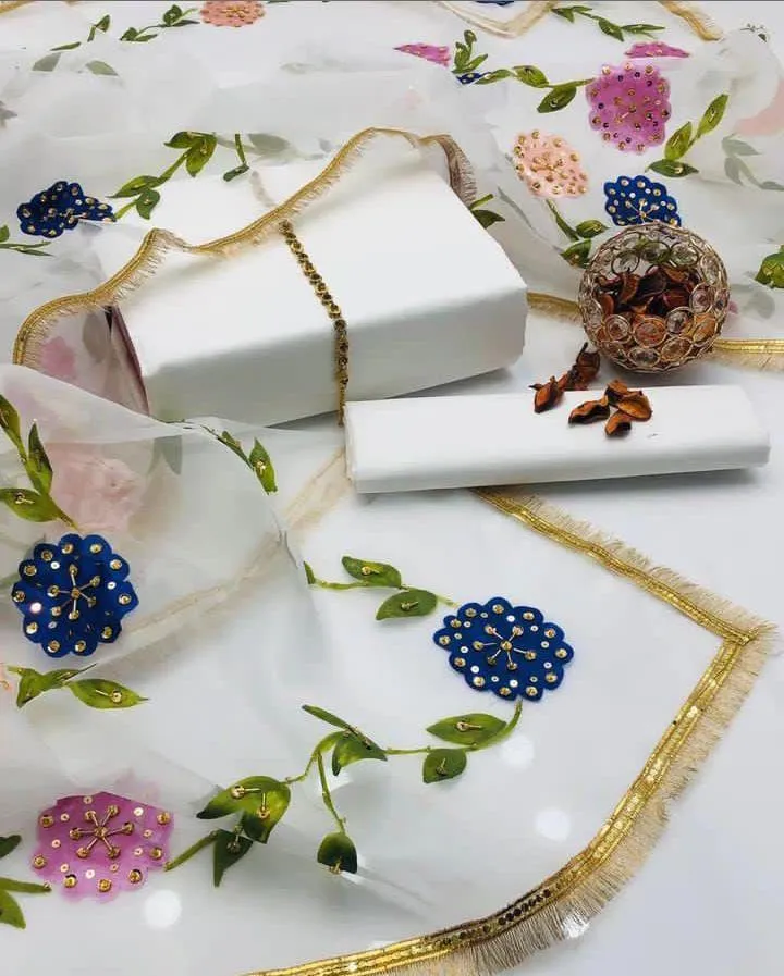 3 Piece Women's Unstitched Dress - Silk Shirt & Trouser (Plain) - Indian Organza Brush Paint Original 4 Side Heavy Bail with Kiran Lace Dupatta - Free Neckline