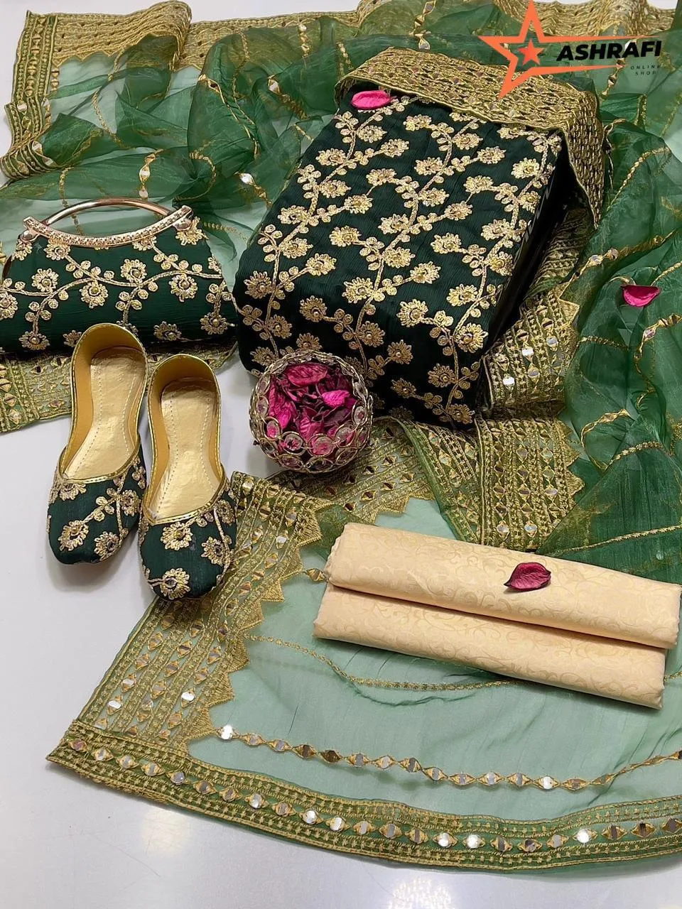 3 Piece Suit for Women's - Unstitched - Crinkle Chiffon Embroidered Shirt, Organza Sequence Work Embroidery Dupatta - Free Khussa & Clutch