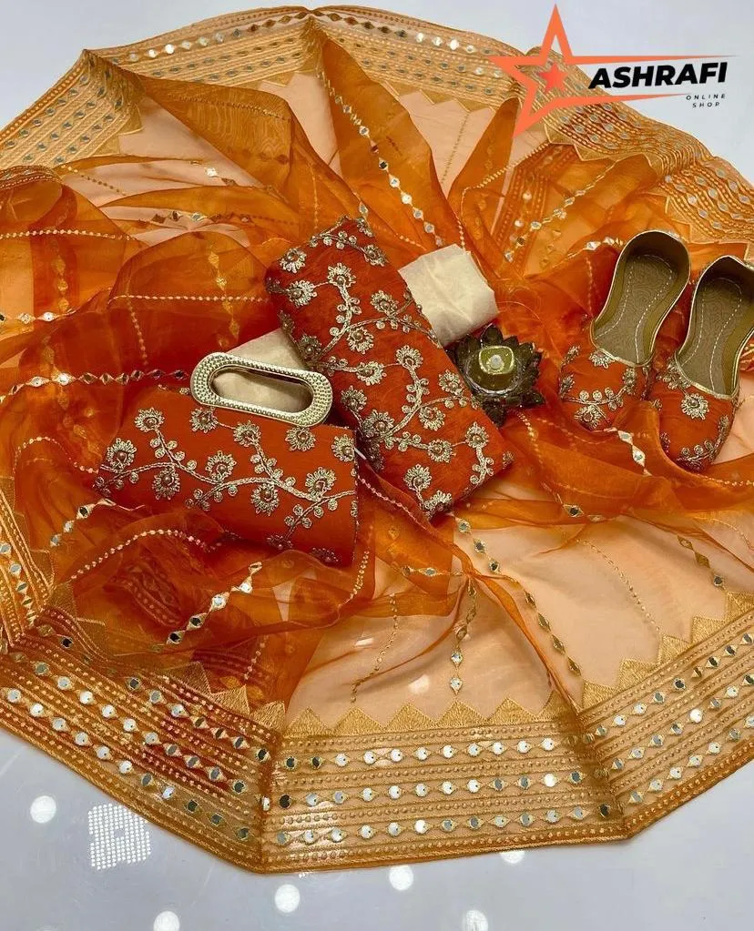3 Piece Suit for Women's - Unstitched - Crinkle Chiffon Embroidered Shirt, Organza Sequence Work Embroidery Dupatta - Free Khussa & Clutch