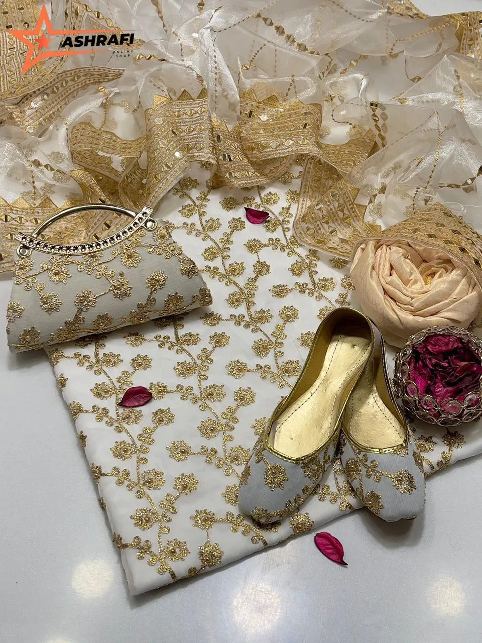 3 Piece Suit for Women's - Unstitched - Crinkle Chiffon Embroidered Shirt, Organza Sequence Work Embroidery Dupatta - Free Khussa & Clutch