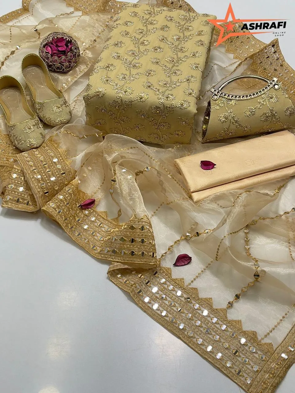 3 Piece Suit for Women's - Unstitched - Crinkle Chiffon Embroidered Shirt, Organza Sequence Work Embroidery Dupatta - Free Khussa & Clutch