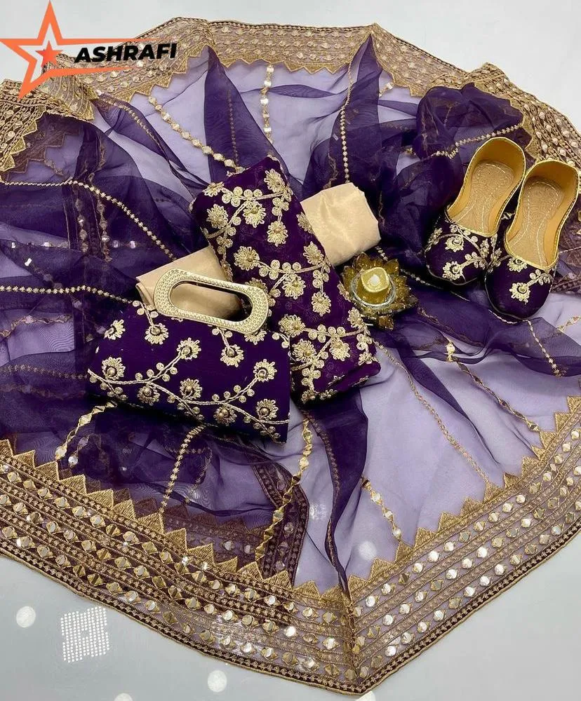 3 Piece Suit for Women's - Unstitched - Crinkle Chiffon Embroidered Shirt, Organza Sequence Work Embroidery Dupatta - Free Khussa & Clutch