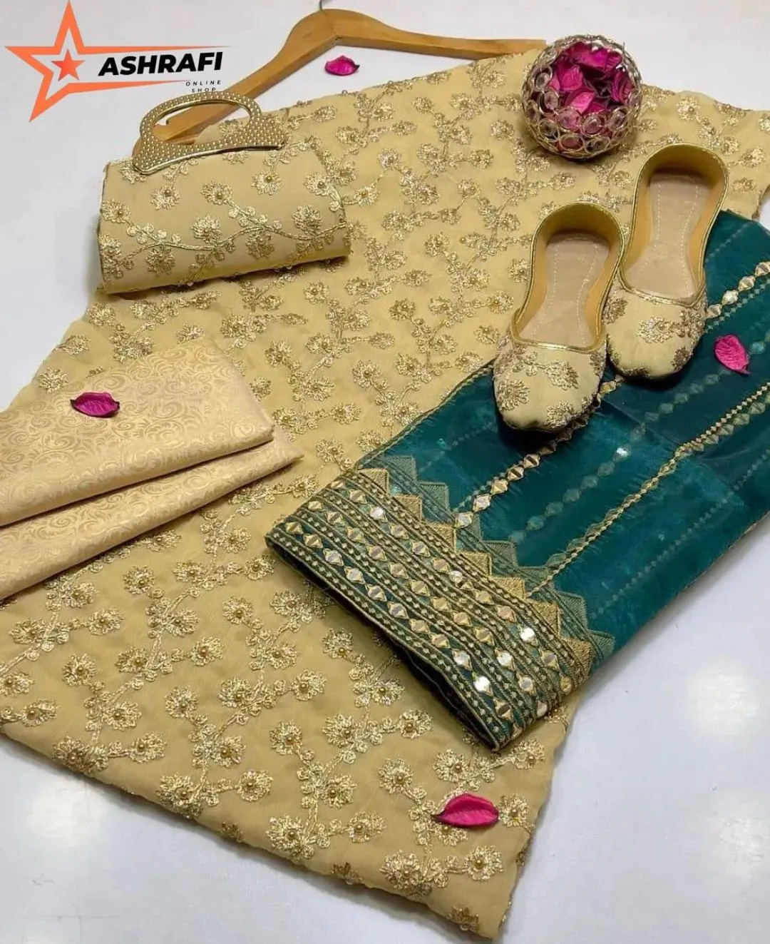 3 Piece Suit for Women's - Unstitched - Crinkle Chiffon Embroidered Shirt, Organza Sequence Work Embroidery Dupatta - Free Khussa & Clutch