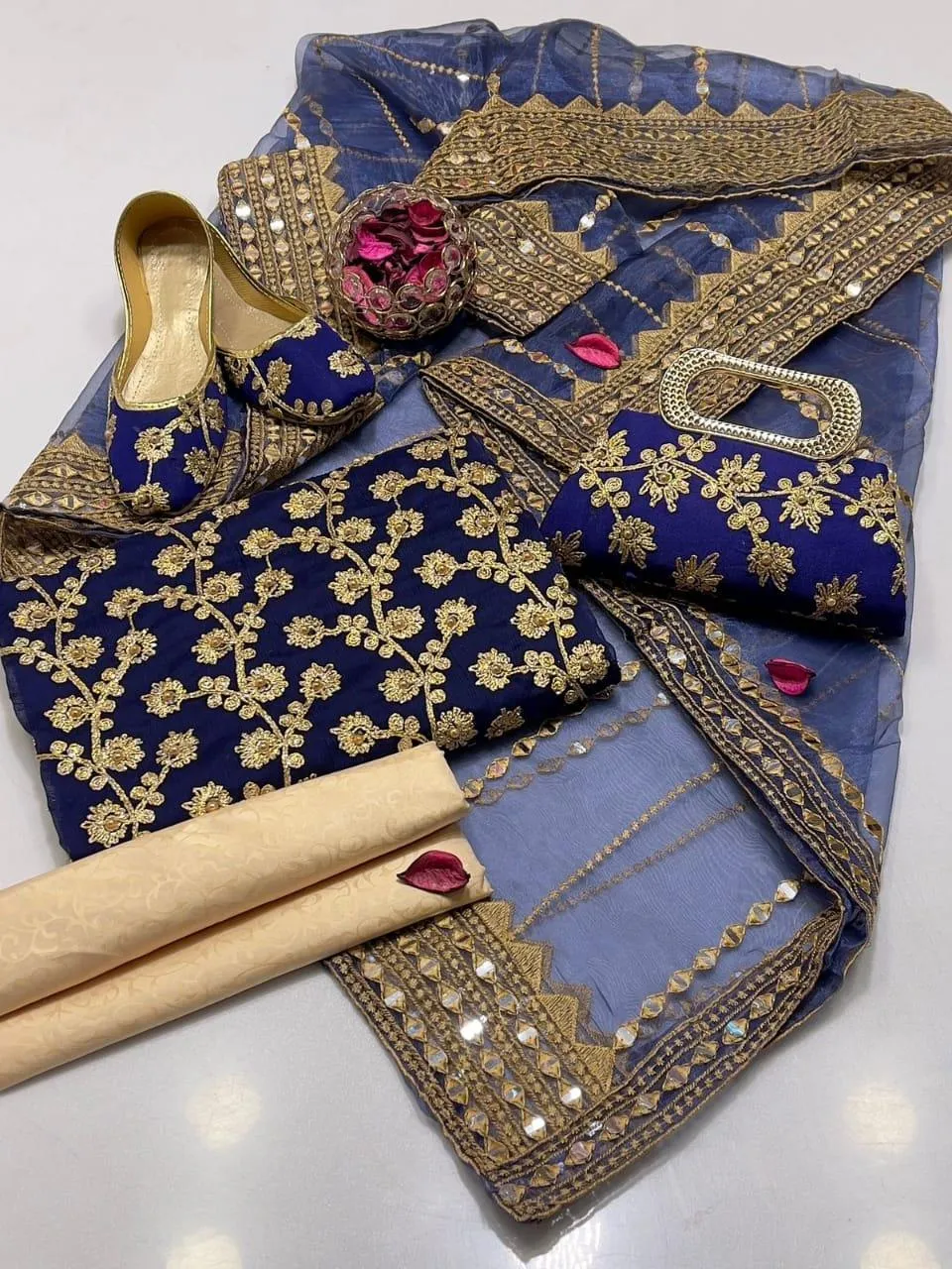 3 Piece Suit for Women's - Unstitched - Crinkle Chiffon Embroidered Shirt, Organza Sequence Work Embroidery Dupatta - Free Khussa & Clutch