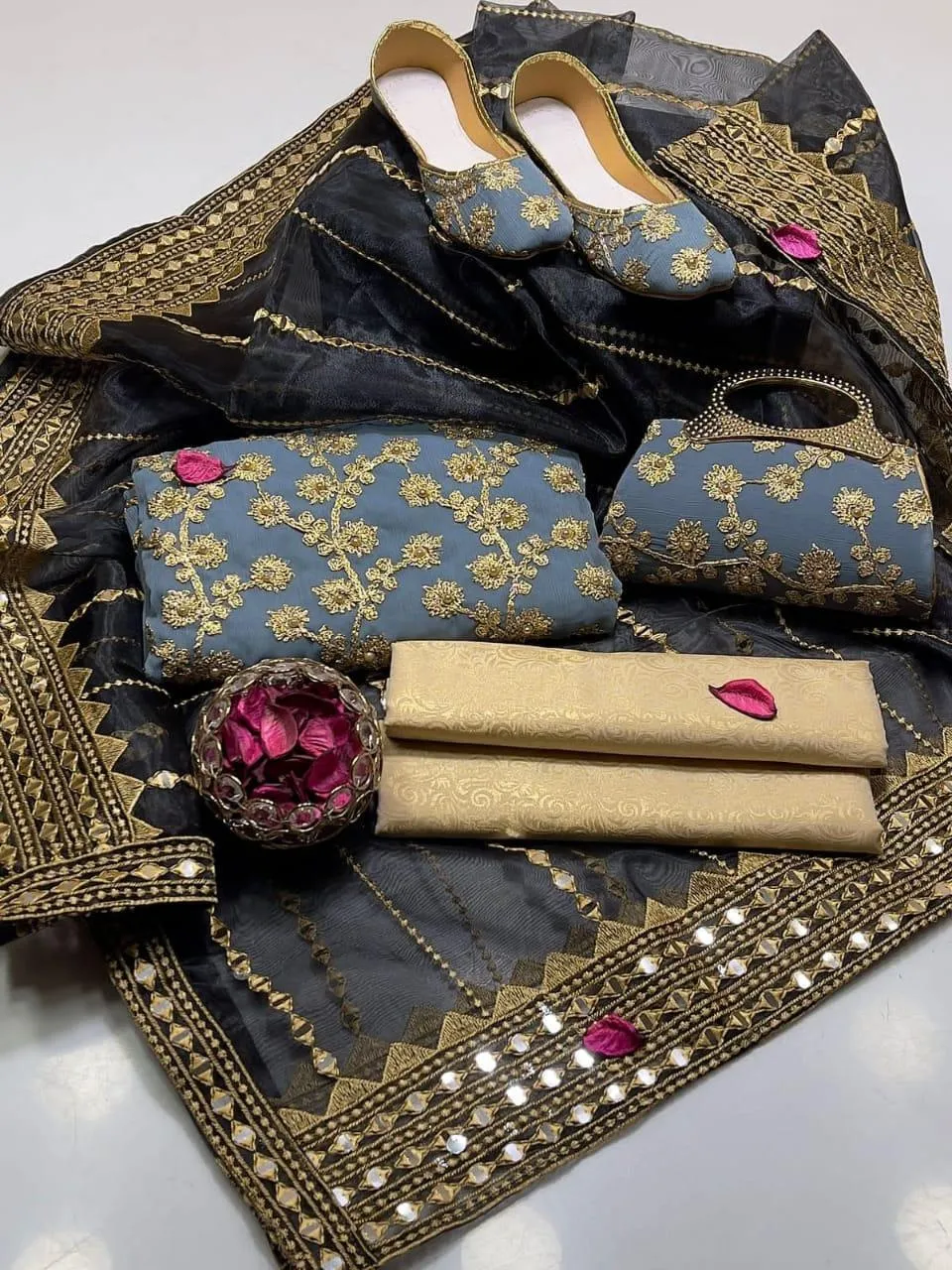 3 Piece Suit for Women's - Unstitched - Crinkle Chiffon Embroidered Shirt, Organza Sequence Work Embroidery Dupatta - Free Khussa & Clutch