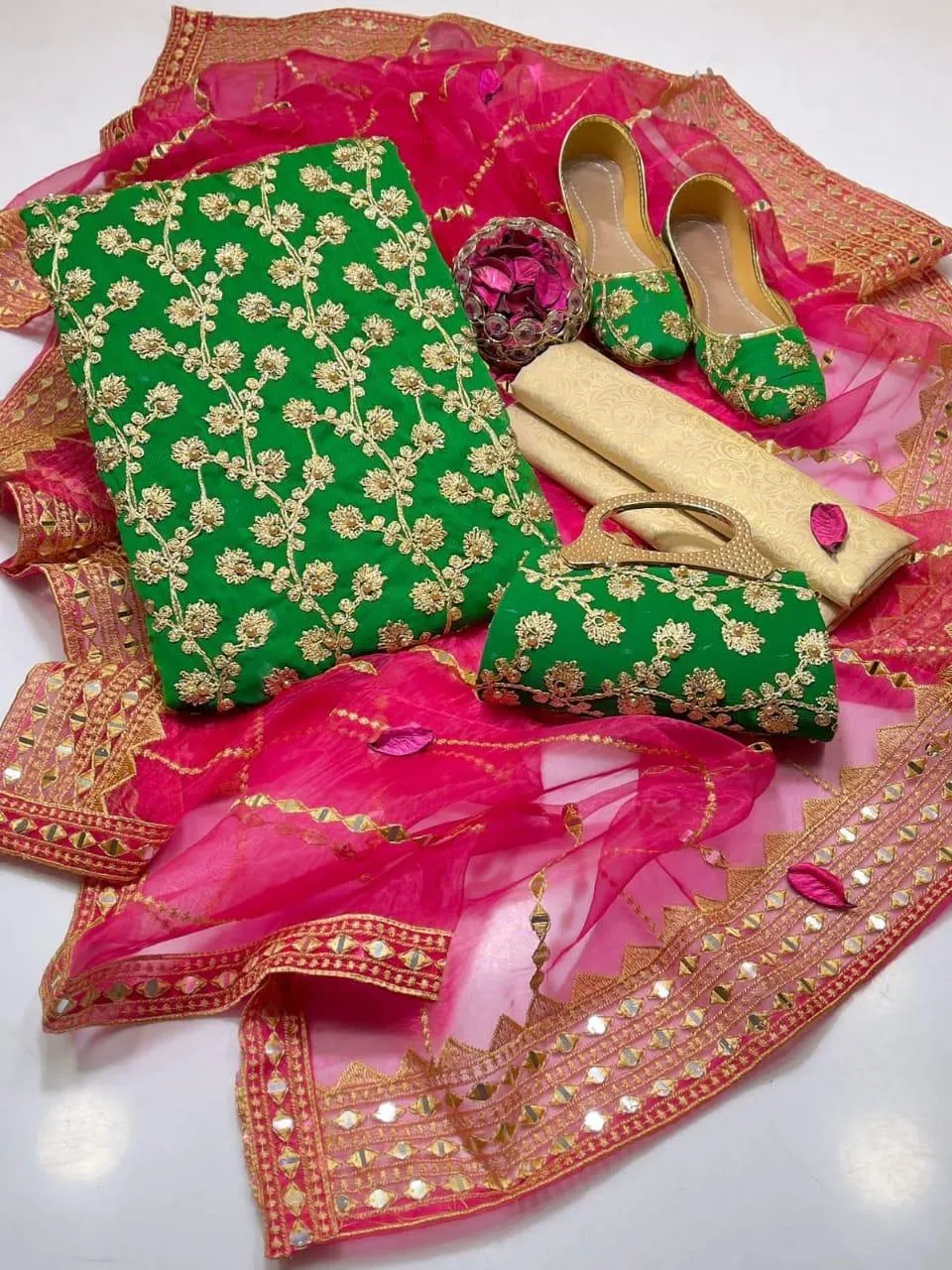 3 Piece Suit for Women's - Unstitched - Crinkle Chiffon Embroidered Shirt, Organza Sequence Work Embroidery Dupatta - Free Khussa & Clutch