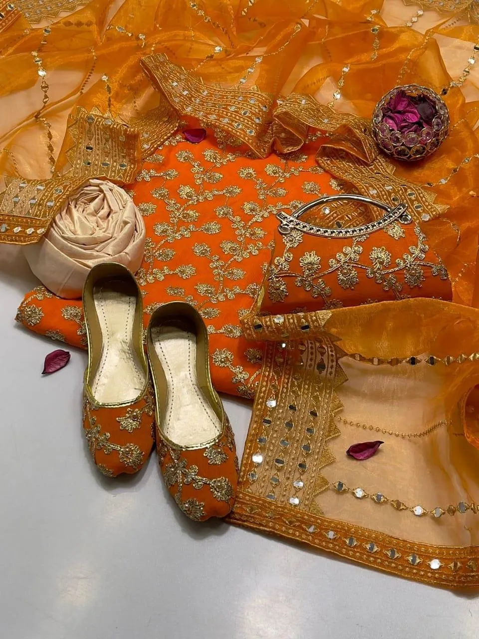 3 Piece Suit for Women's - Unstitched - Crinkle Chiffon Embroidered Shirt, Organza Sequence Work Embroidery Dupatta - Free Khussa & Clutch