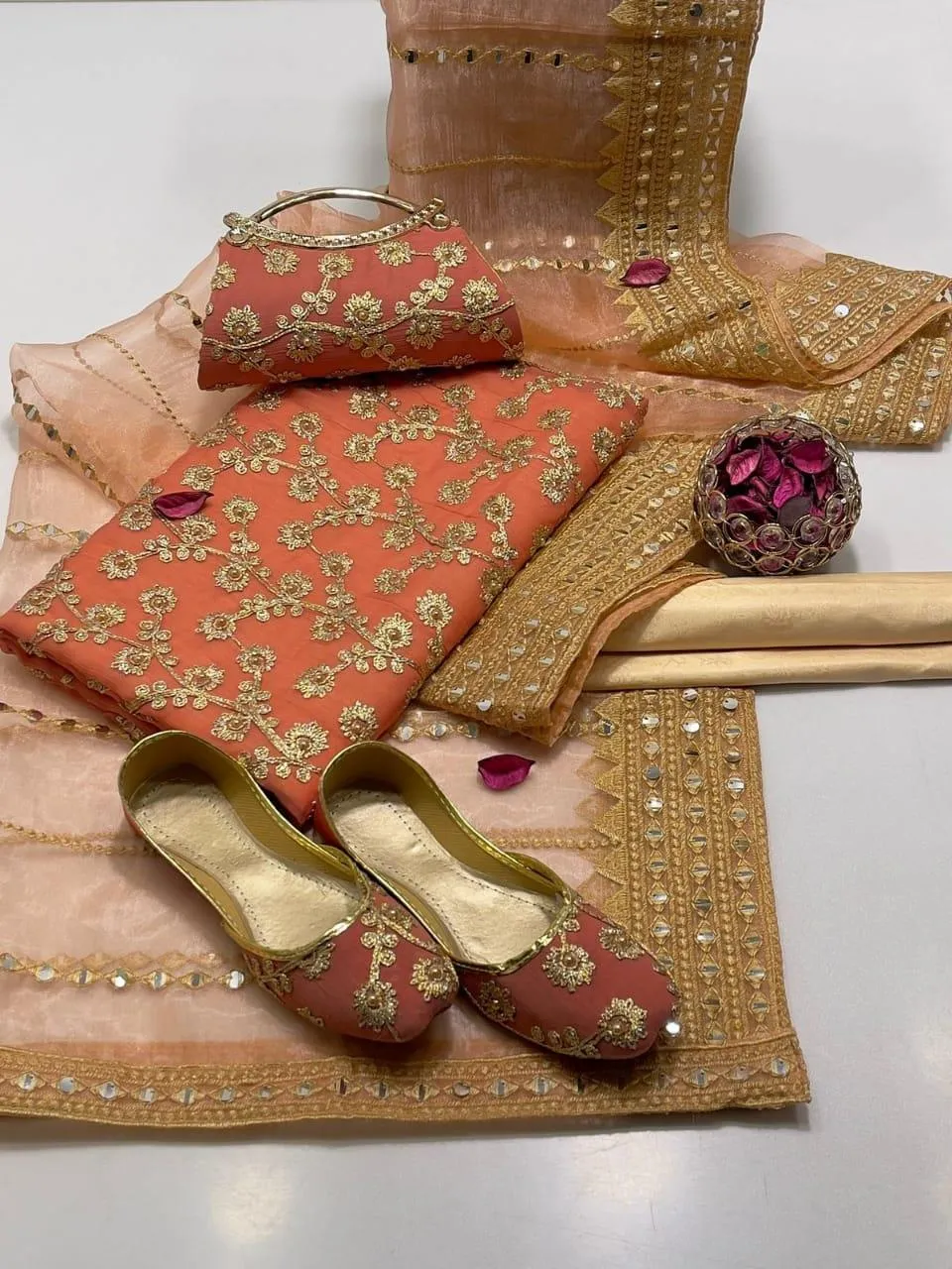 3 Piece Suit for Women's - Unstitched - Crinkle Chiffon Embroidered Shirt, Organza Sequence Work Embroidery Dupatta - Free Khussa & Clutch