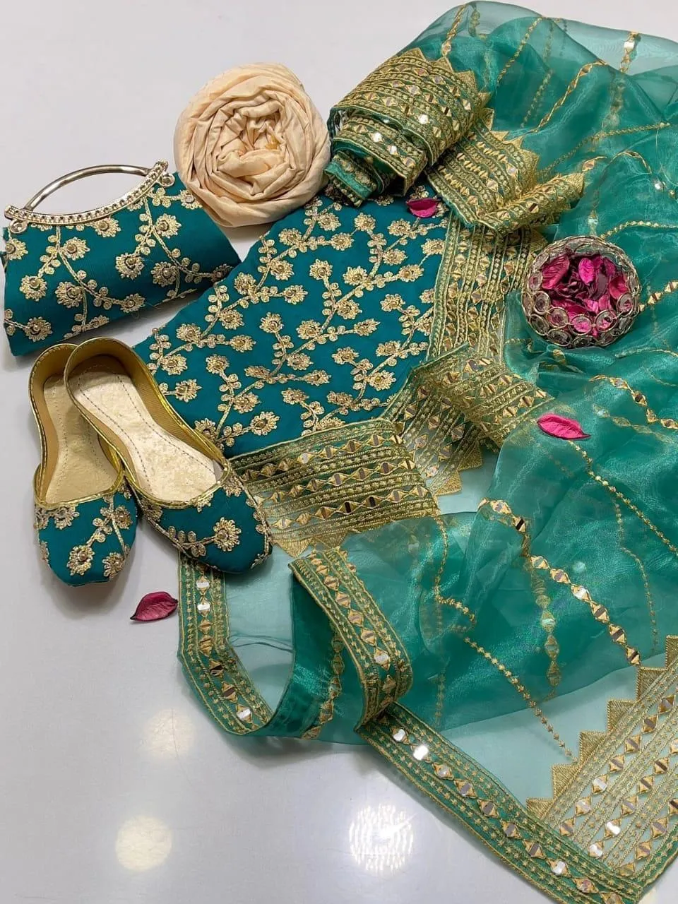 3 Piece Suit for Women's - Unstitched - Crinkle Chiffon Embroidered Shirt, Organza Sequence Work Embroidery Dupatta - Free Khussa & Clutch