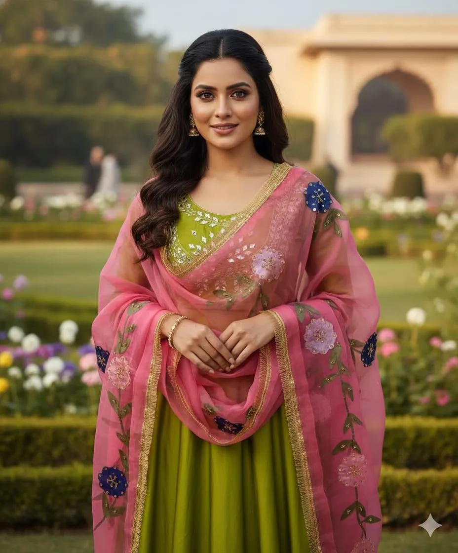 3 Piece Unstitched Suit for Women's - Katan Silk Fancy Mirror Zari Work Gala & Sleeves Embroidery Shirt - Oil Paint Beads Work Organza Dupatta