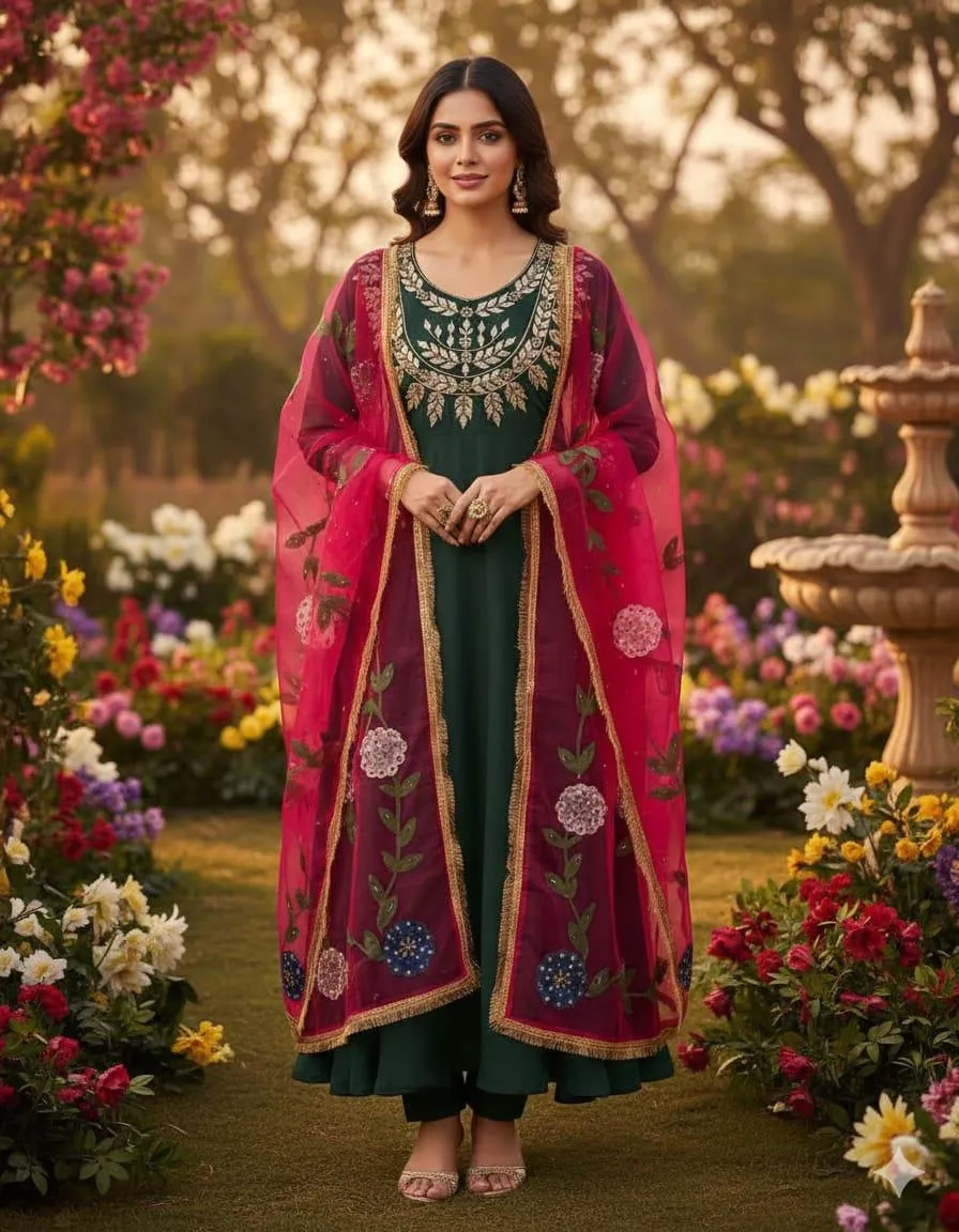 3 Piece Unstitched Suit for Women's - Katan Silk Fancy Mirror Zari Work Gala & Sleeves Embroidery Shirt - Oil Paint Beads Work Organza Dupatta