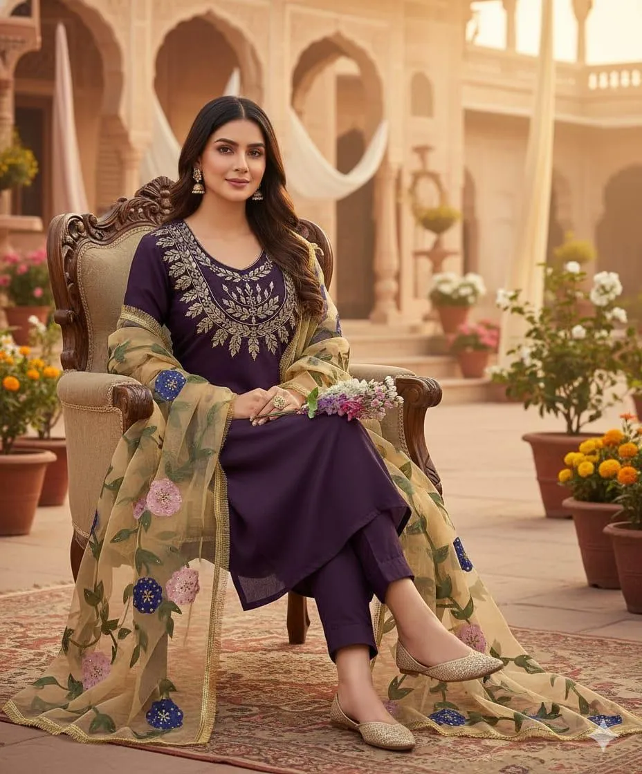 3 Piece Unstitched Suit for Women's - Katan Silk Fancy Mirror Zari Work Gala & Sleeves Embroidery Shirt - Oil Paint Beads Work Organza Dupatta