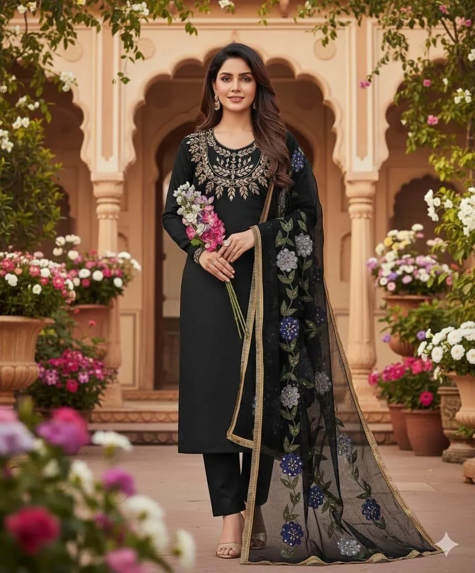 3 Piece Unstitched Suit for Women's - Katan Silk Fancy Mirror Zari Work Gala & Sleeves Embroidery Shirt - Oil Paint Beads Work Organza Dupatta