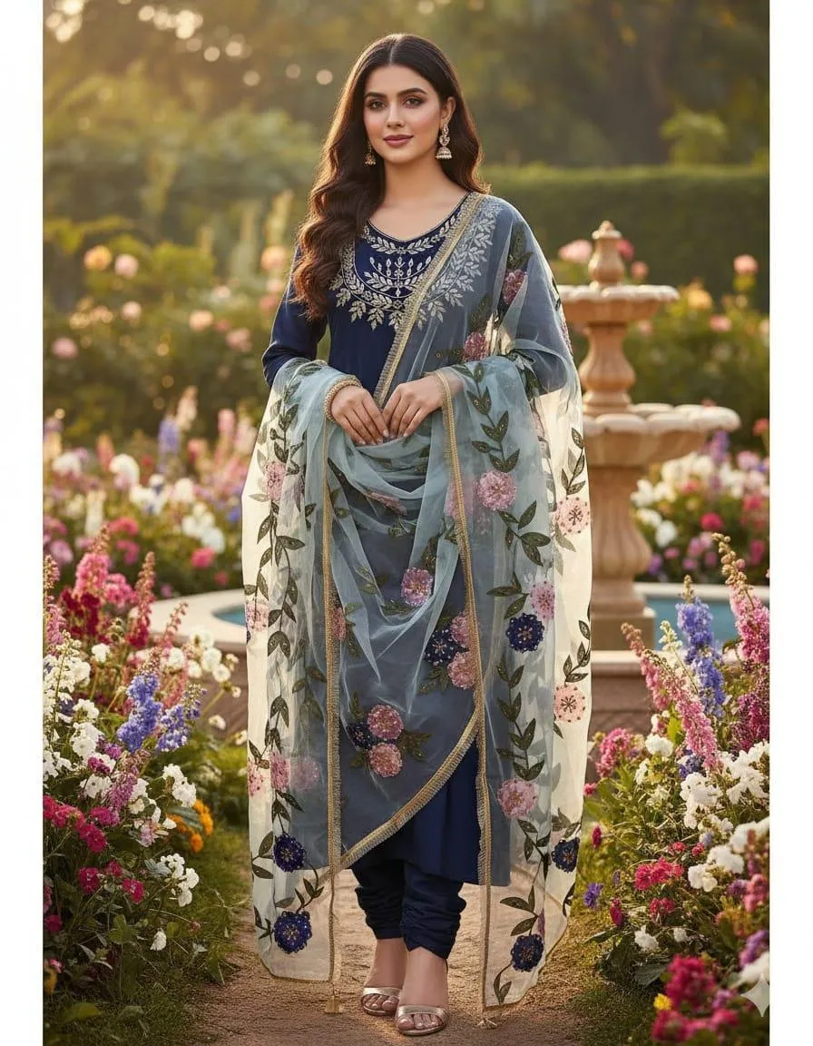 3 Piece Unstitched Suit for Women's - Katan Silk Fancy Mirror Zari Work Gala & Sleeves Embroidery Shirt - Oil Paint Beads Work Organza Dupatta