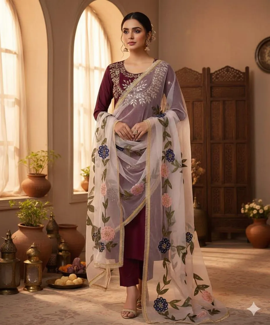 3 Piece Unstitched Suit for Women's - Katan Silk Fancy Mirror Zari Work Gala & Sleeves Embroidery Shirt - Oil Paint Beads Work Organza Dupatta