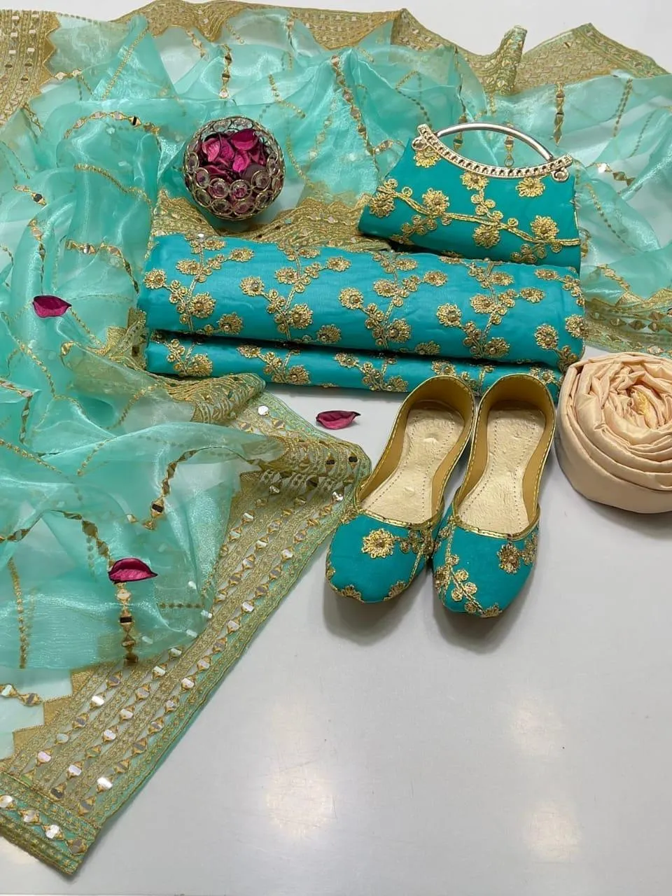 3 Piece Suit for Women's - Unstitched - Crinkle Chiffon Embroidered Shirt, Organza Sequence Work Embroidery Dupatta - Free Khussa & Clutch