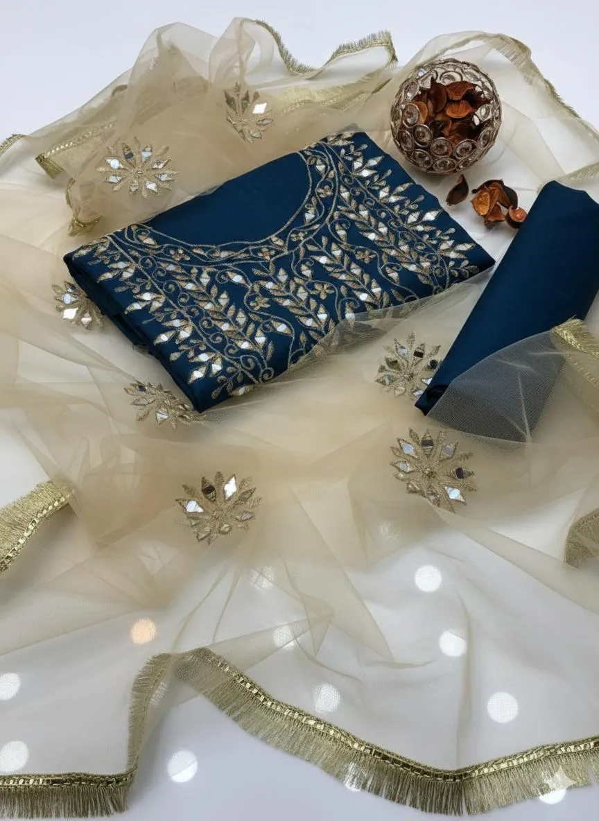 Katan Silk 3pc Suit with Handmade Sheesha & Ratta Work