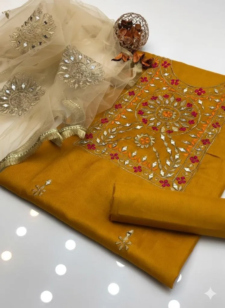 Katan Silk 3pc Suit with Handmade Sheesha & Ratta Work