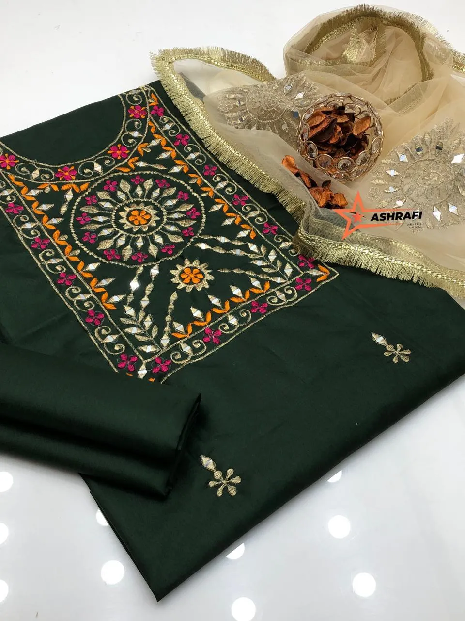 Katan Silk 3pc Suit with Handmade Sheesha & Ratta Work