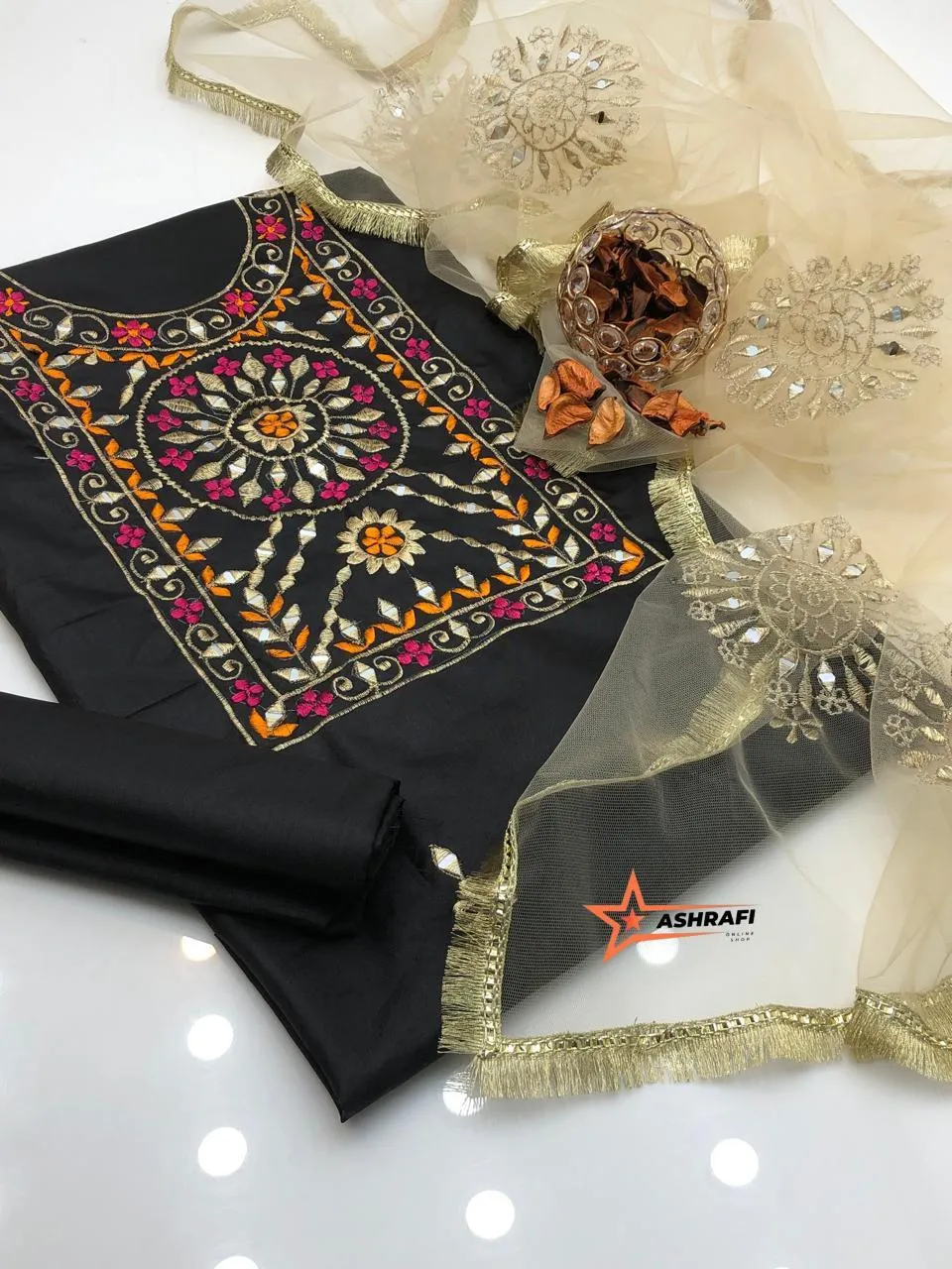 Katan Silk 3pc Suit with Handmade Sheesha & Ratta Work