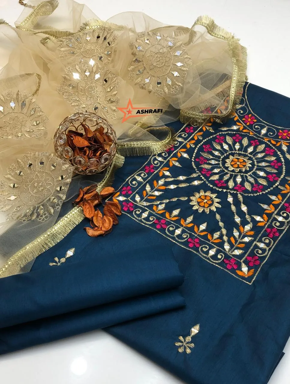 Katan Silk 3pc Suit with Handmade Sheesha & Ratta Work