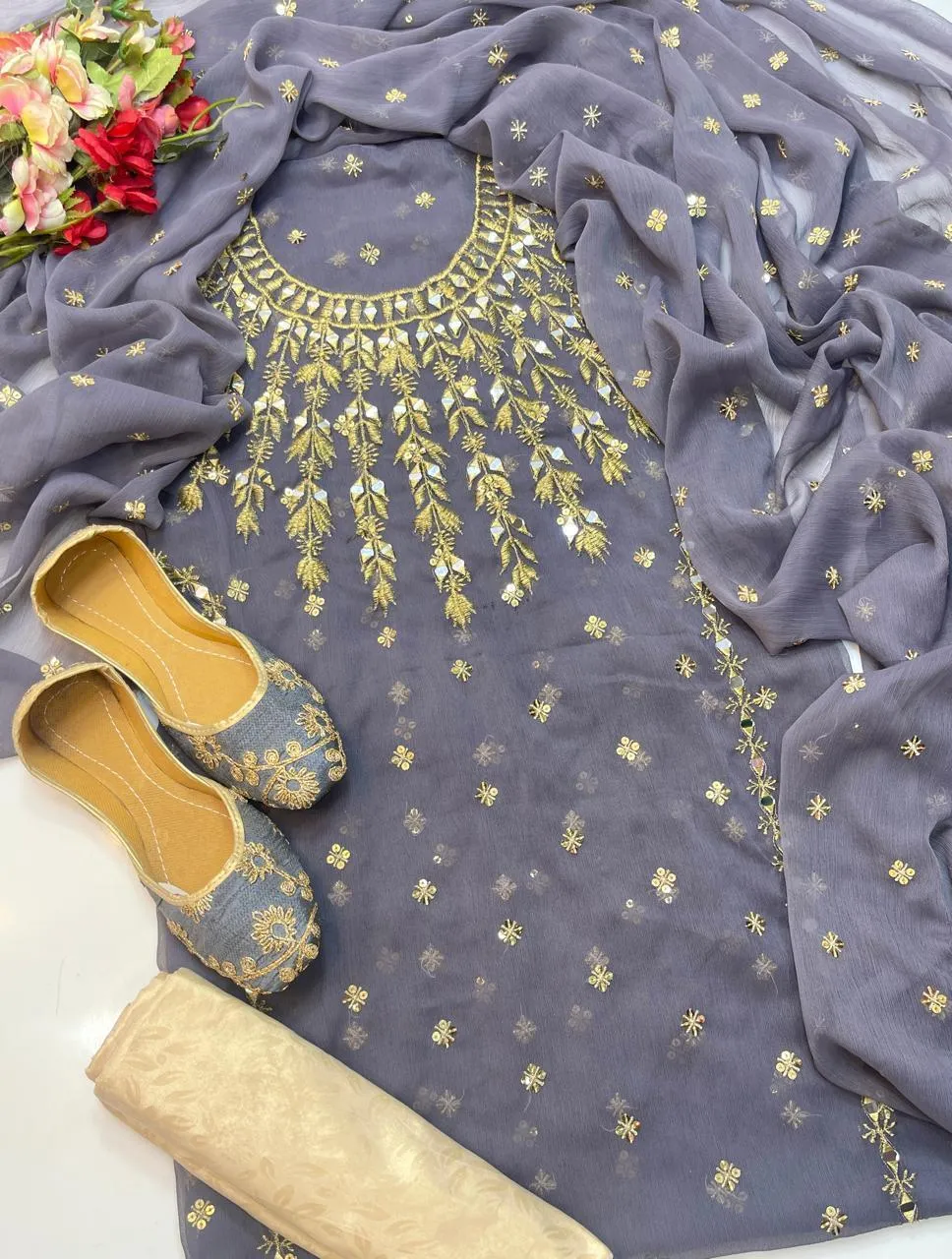 Women's Unstitched Suit - Chiffon 4pc - Fancy Mirror Boti Work Suit, Self Printed Masoori Trouser with Free Khussa