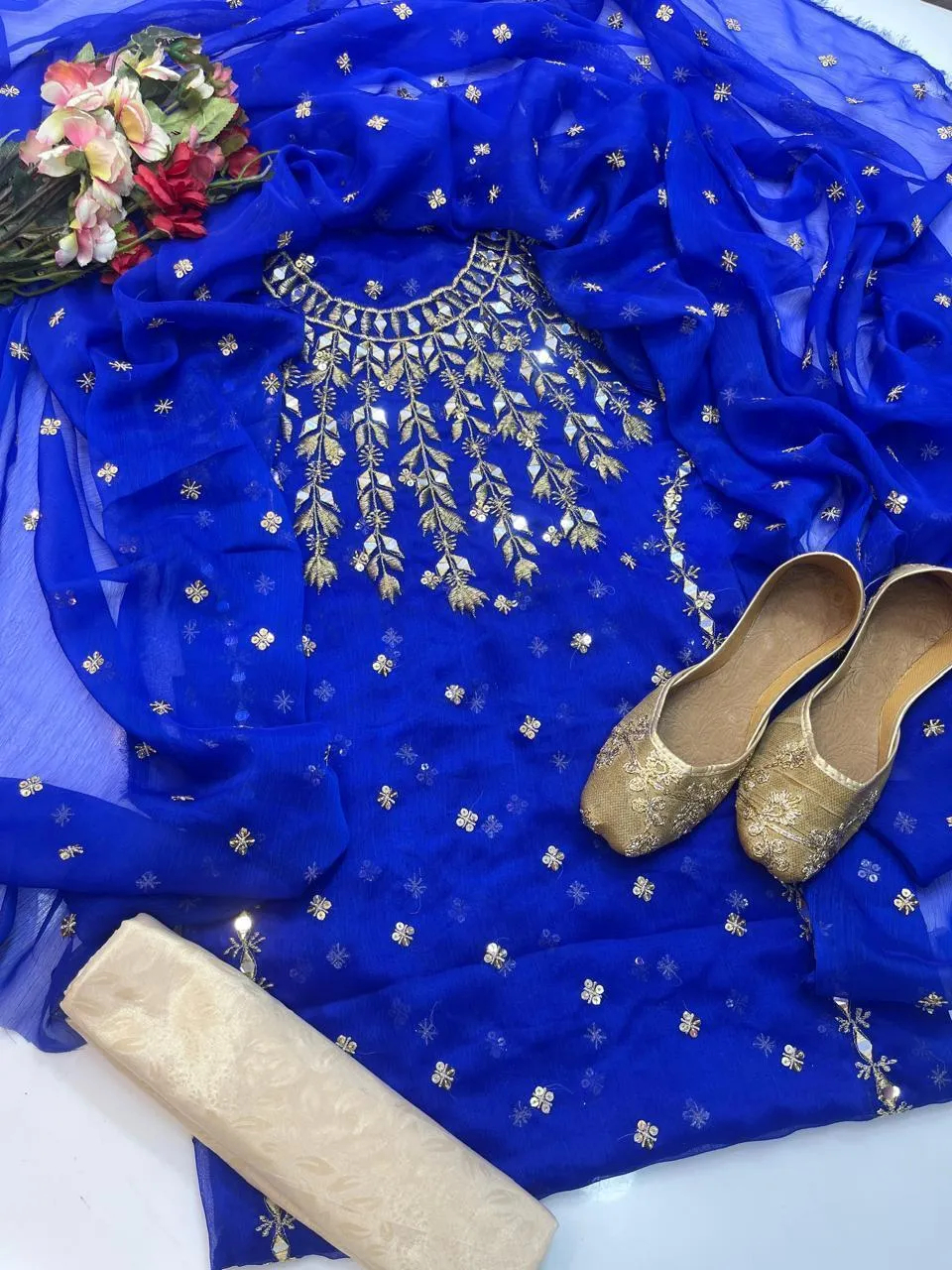 Women's Unstitched Suit - Chiffon 4pc - Fancy Mirror Boti Work Suit, Self Printed Masoori Trouser with Free Khussa