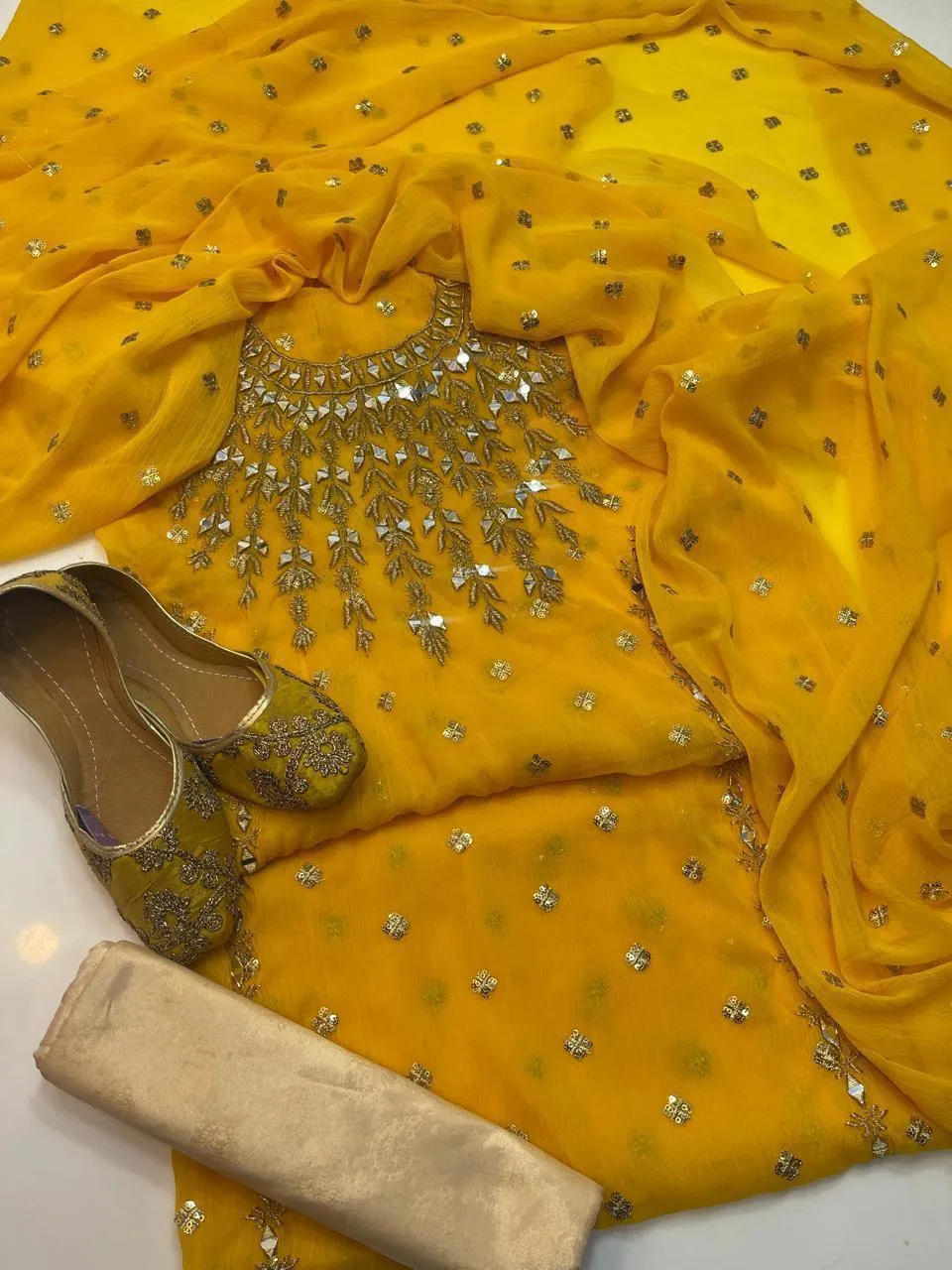 Women's Unstitched Suit - Chiffon 4pc - Fancy Mirror Boti Work Suit, Self Printed Masoori Trouser with Free Khussa