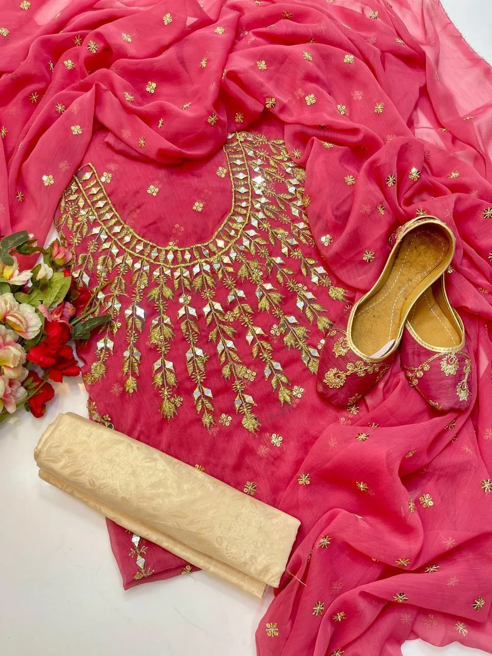 Women's Unstitched Suit - Chiffon 4pc - Fancy Mirror Boti Work Suit, Self Printed Masoori Trouser with Free Khussa