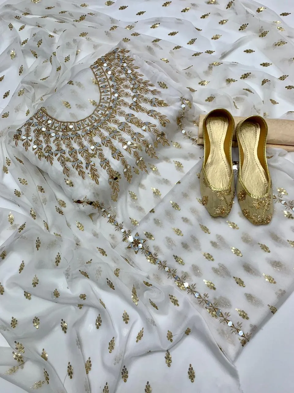 Women's Unstitched Suit - Chiffon 4pc - Fancy Mirror Boti Work Suit, Self Printed Masoori Trouser with Free Khussa