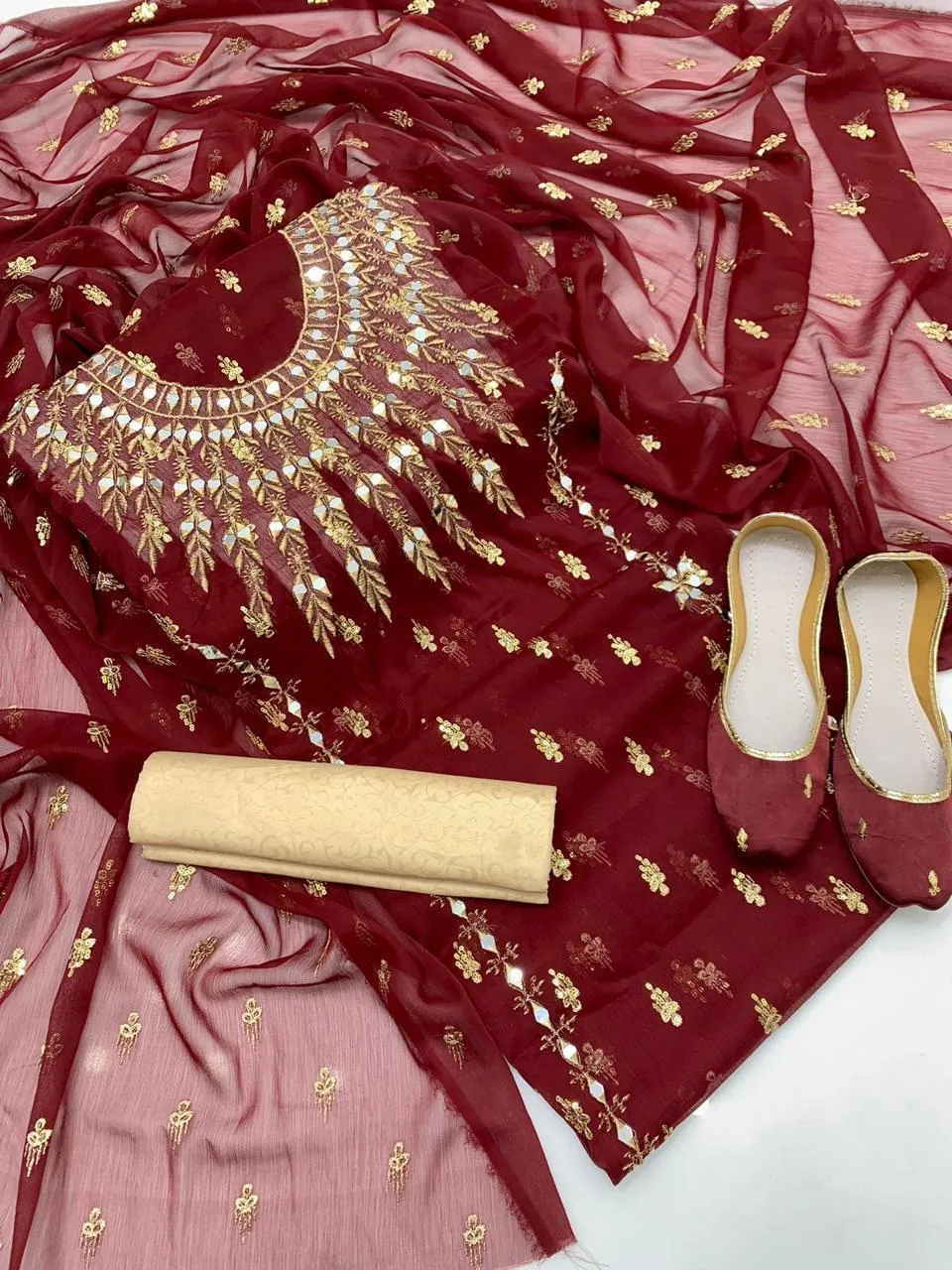 Women's Unstitched Suit - Chiffon 4pc - Fancy Mirror Boti Work Suit, Self Printed Masoori Trouser with Free Khussa