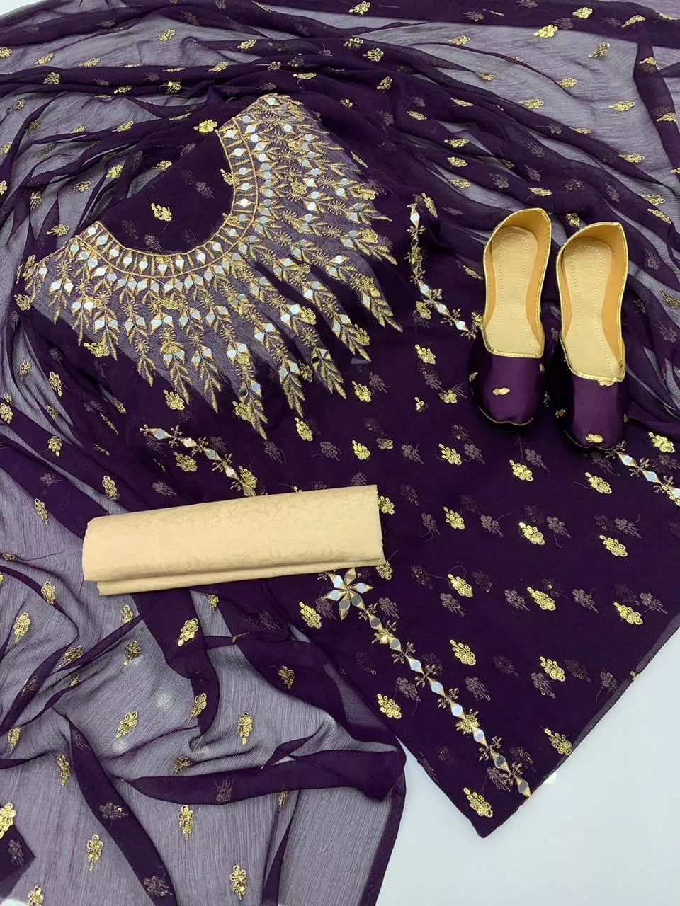 Women's Unstitched Suit - Chiffon 4pc - Fancy Mirror Boti Work Suit, Self Printed Masoori Trouser with Free Khussa