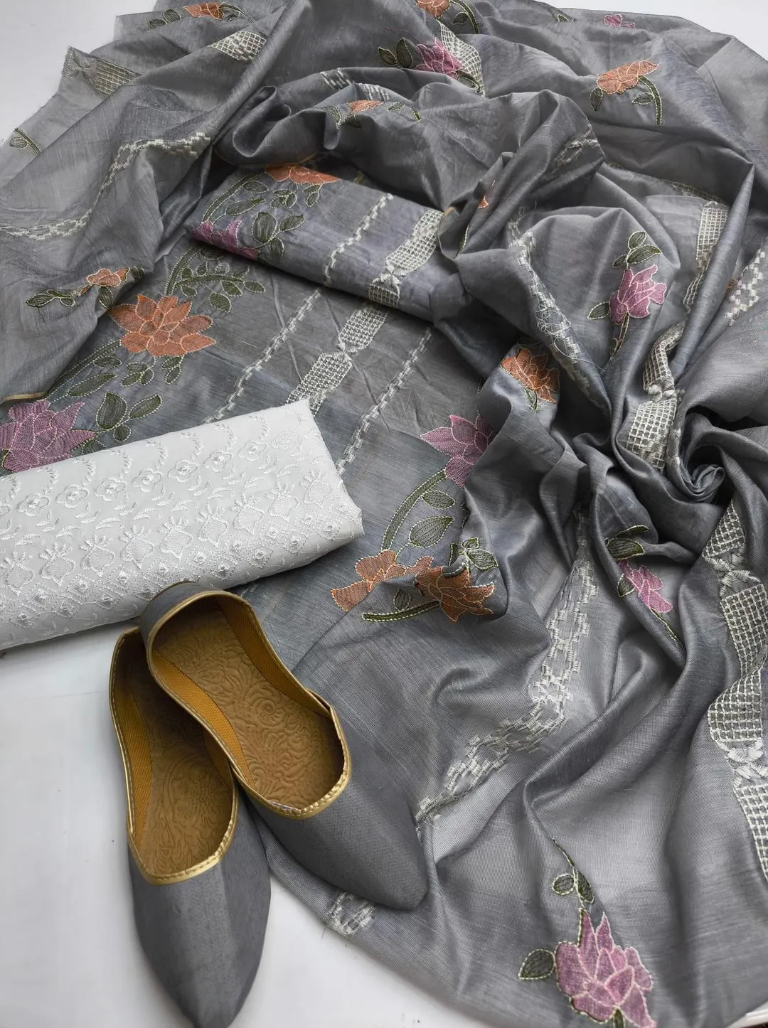 Paper Cotton Embroidered Suit with Free Khussa - Dress For Women's - Unstitched