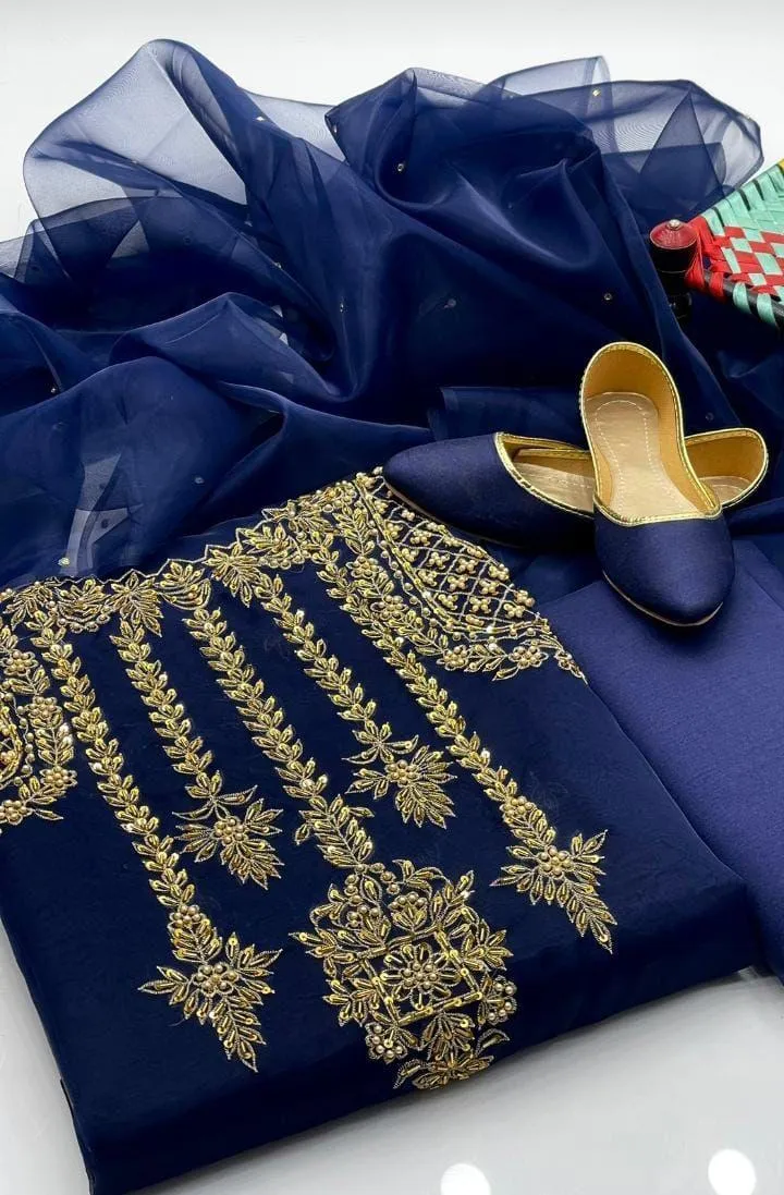 Wedding Collection - Women's Unstitched Suit - 4 Piece Party Wear - Organza Embroidery Handmade Shirt with Kundan Dupatta & Khussa