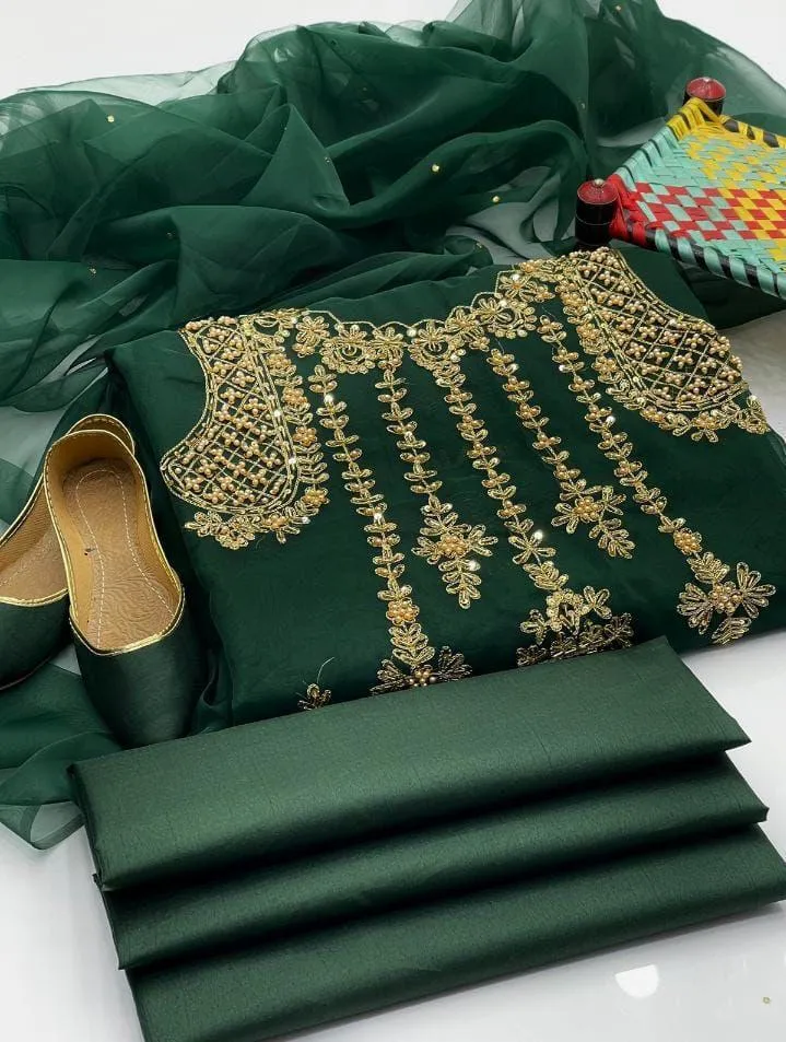 Wedding Collection - Women's Unstitched Suit - 4 Piece Party Wear - Organza Embroidery Handmade Shirt with Kundan Dupatta & Khussa