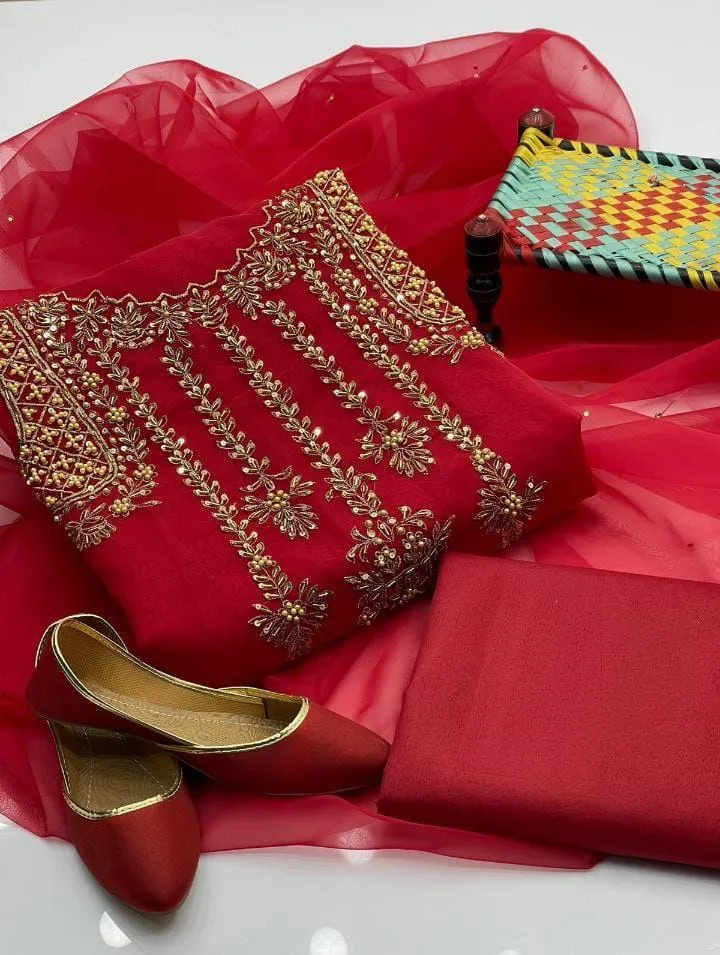 Wedding Collection - Women's Unstitched Suit - 4 Piece Party Wear - Organza Embroidery Handmade Shirt with Kundan Dupatta & Khussa