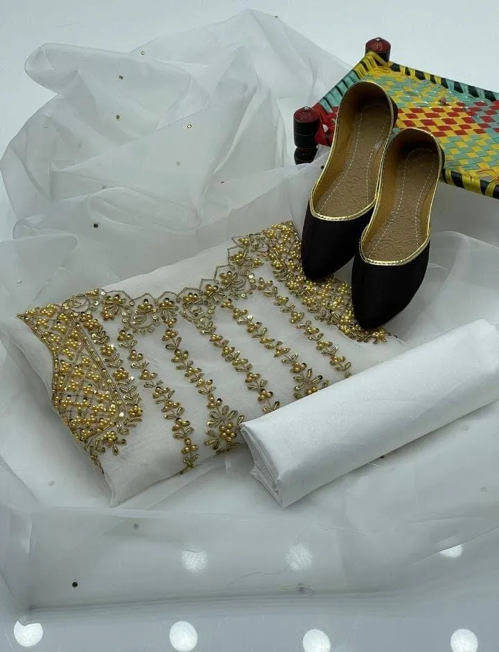 Wedding Collection - Women's Unstitched Suit - 4 Piece Party Wear - Organza Embroidery Handmade Shirt with Kundan Dupatta & Khussa