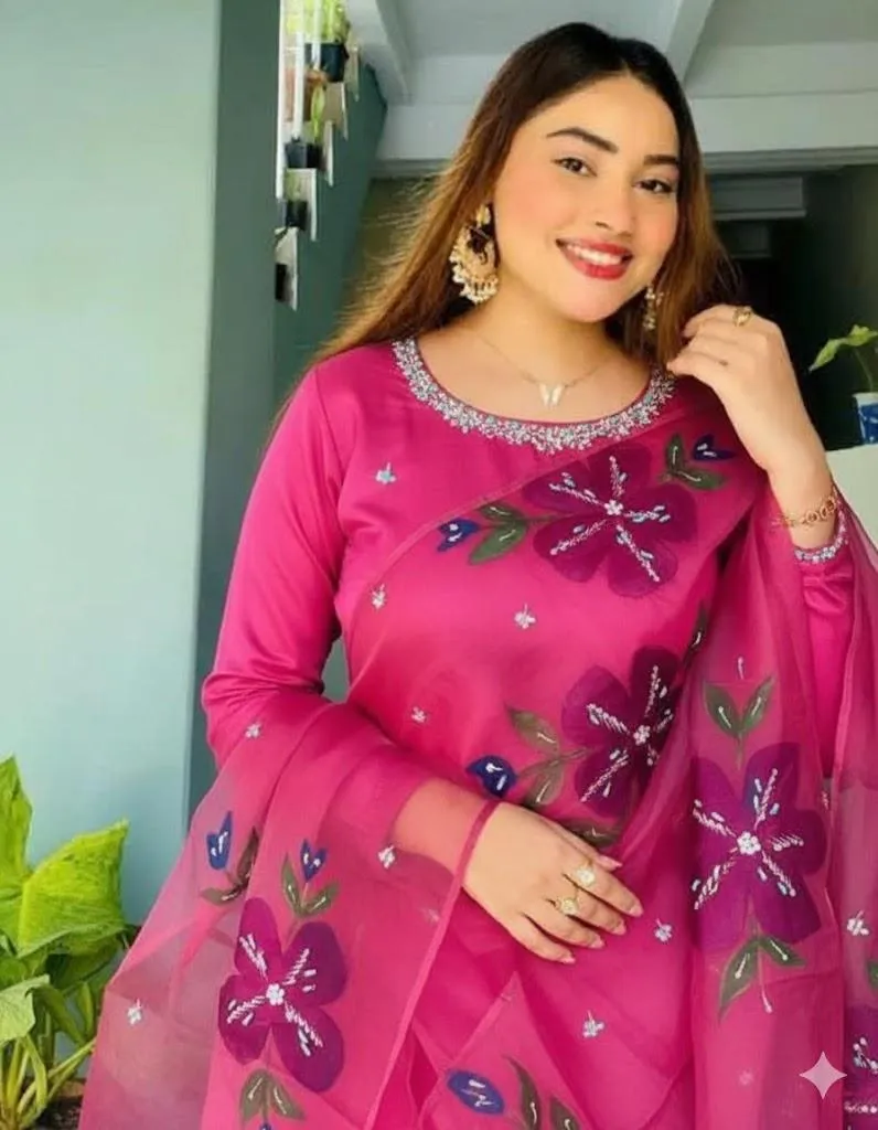 3 Pc Women Unstitched - Katan Silk Handwork Suit with Indian Organza Handwork Brush Painted & Zarri Work Dupatta - Customized