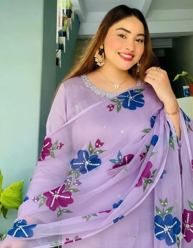 3 Pc Women Unstitched - Katan Silk Handwork Suit with Indian Organza Handwork Brush Painted & Zarri Work Dupatta - Customized