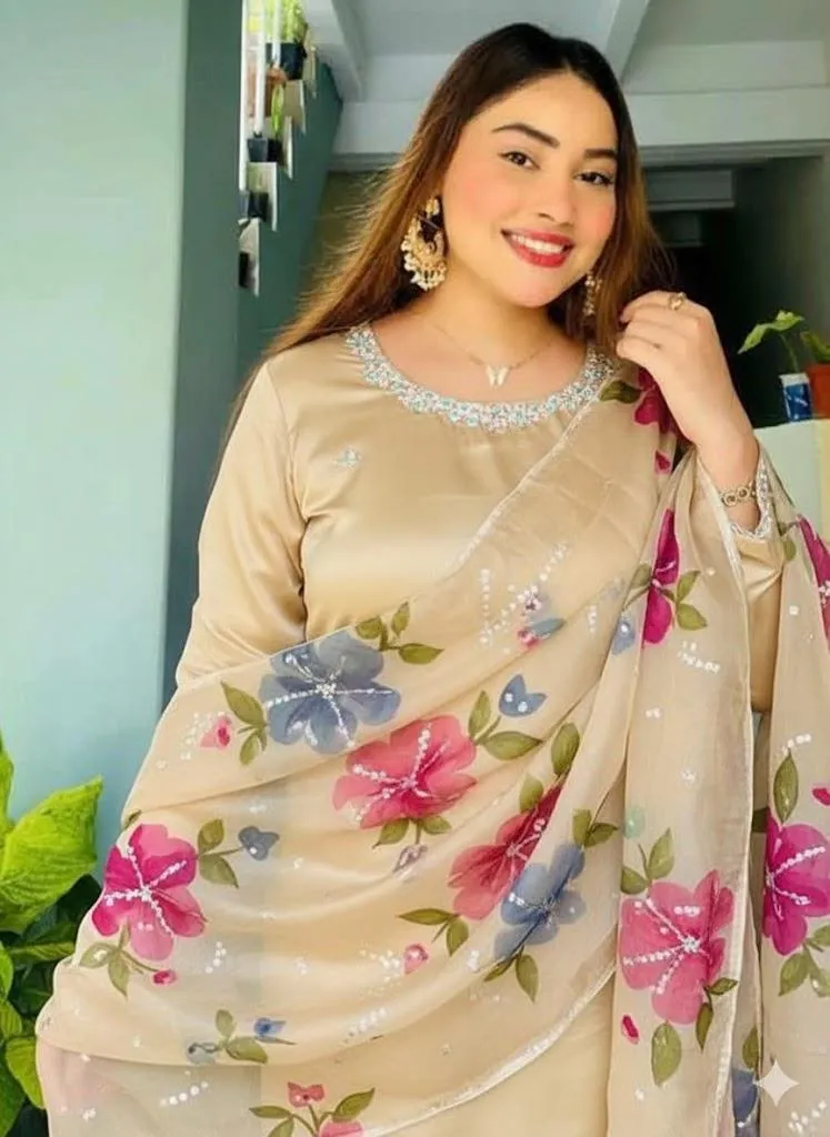 3 Pc Women Unstitched - Katan Silk Handwork Suit with Indian Organza Handwork Brush Painted & Zarri Work Dupatta - Customized