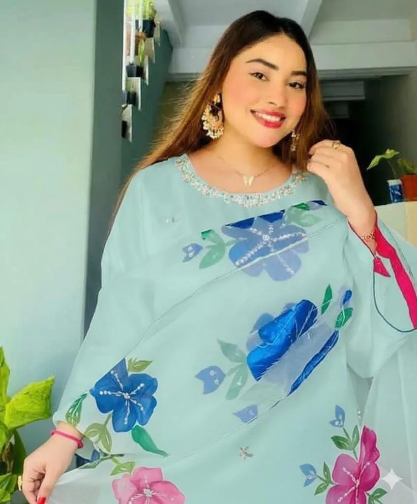 3 Pc Women Unstitched - Katan Silk Handwork Suit with Indian Organza Handwork Brush Painted & Zarri Work Dupatta - Customized