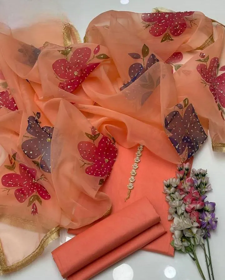 Women's Unstitched Suit - New Collection - Elegant 3 Piece Organza & Pure Kattan Silk Suit with Brush Paint, Nagina Heavy Work Dupatta & Free Mirror Neckline - Customized