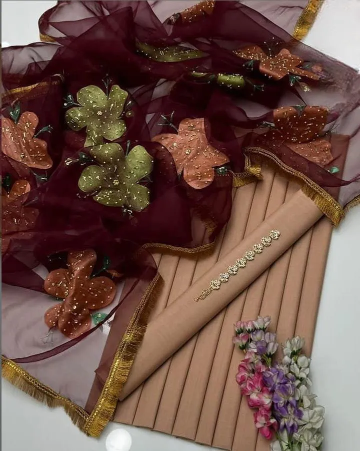 Women's Unstitched Suit - New Collection - Elegant 3 Piece Organza & Pure Kattan Silk Suit with Brush Paint, Nagina Heavy Work Dupatta & Free Mirror Neckline - Customized