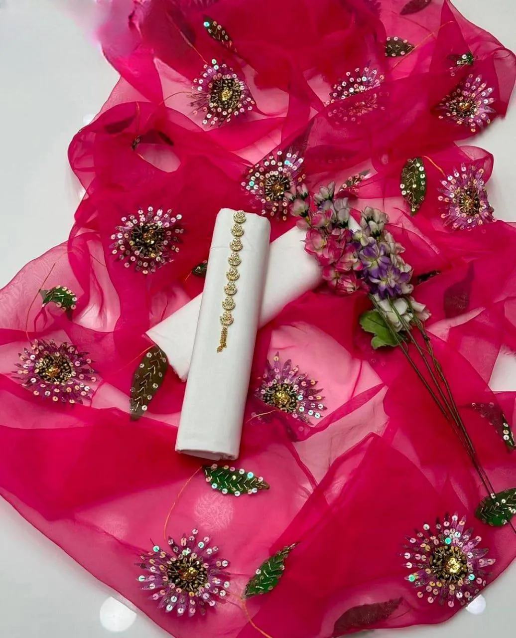 Women's Unstitched 3 Piece Suit - Pure Kataan Silk Shirt & Trouser with Heavy 4-Side Border Indian Organza Brush Paint Dupatta - Customized