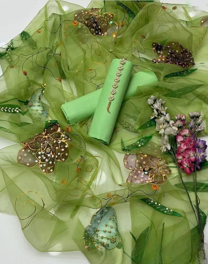 Women's Unstitched 3 Piece Suit - Pure Kataan Silk Shirt & Trouser with Heavy 4-Side Border Indian Organza Brush Paint Dupatta - Customized