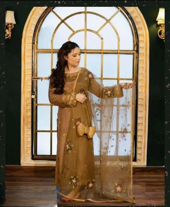 Women's Unstitched 3 Piece Suit Handmade Zari Beads Work Kataan Silk Suit - Premium Hand-Painted Organza Dupatta & Plain Trouser - Customized