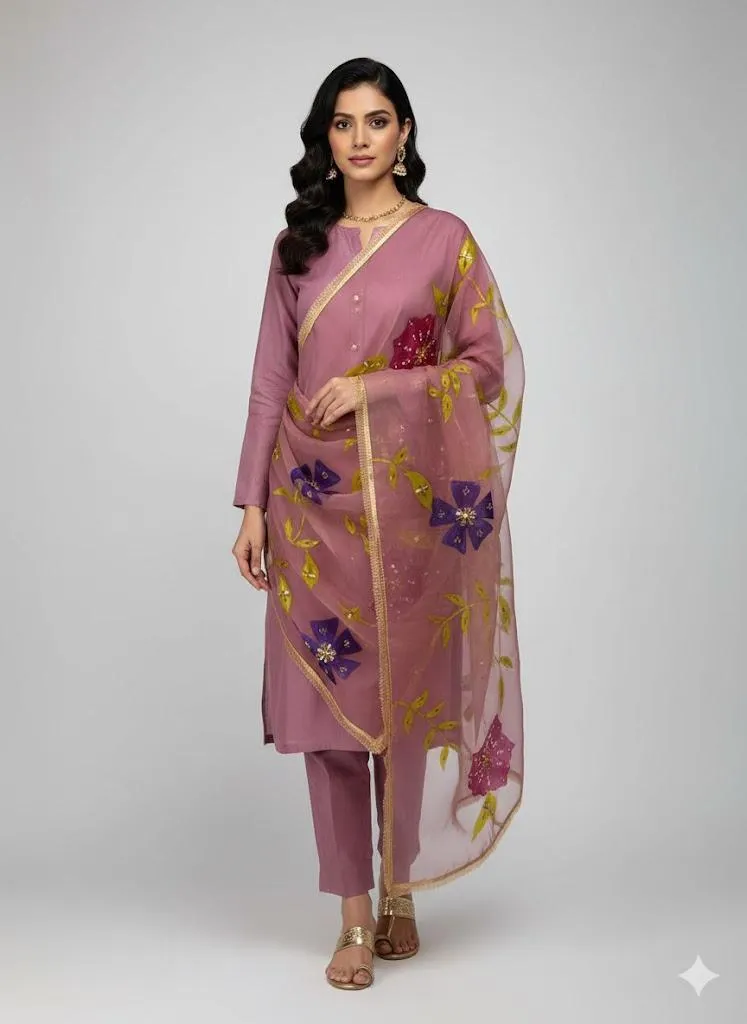 Women's Unstitched Suit 3 Piece | Organza Hand Painted Brush Work & Heavy Nagina Work Dupatta | Kattan Silk Shirt & Trouser | Customized