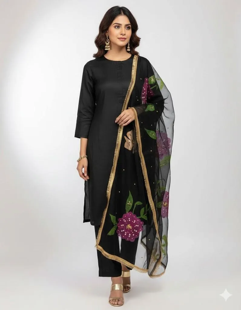 Women's Unstitched Suit 3 Piece | Organza Hand Painted Brush Work & Heavy Nagina Work Dupatta | Kattan Silk Shirt & Trouser | Customized