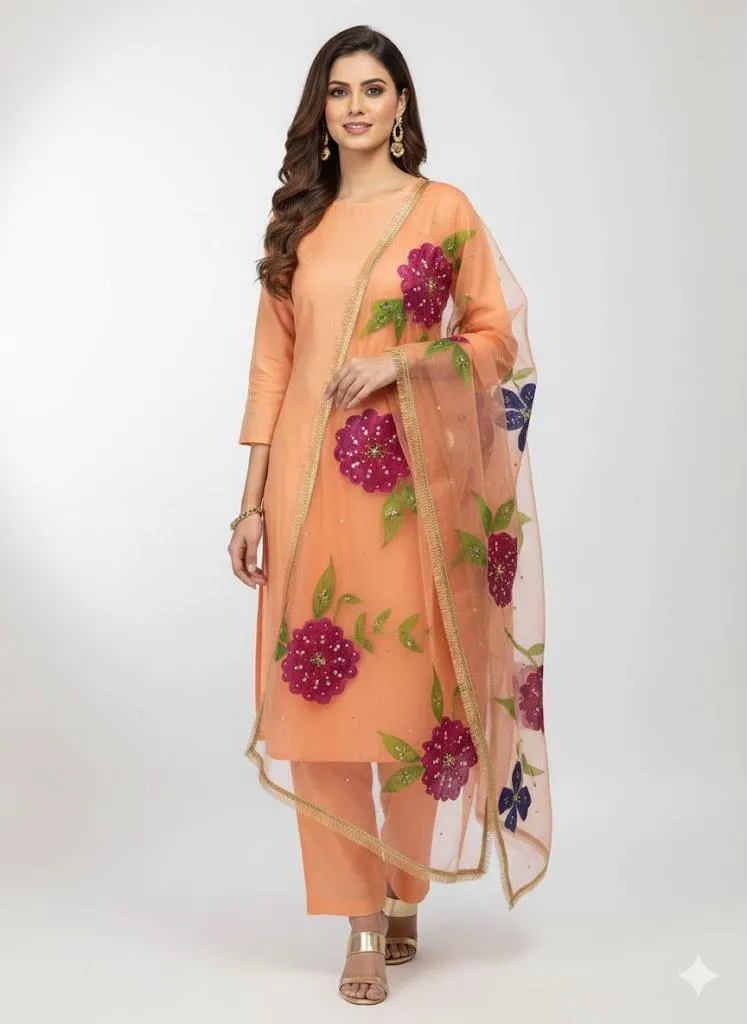 Women's Unstitched Suit 3 Piece | Organza Hand Painted Brush Work & Heavy Nagina Work Dupatta | Kattan Silk Shirt & Trouser | Customized